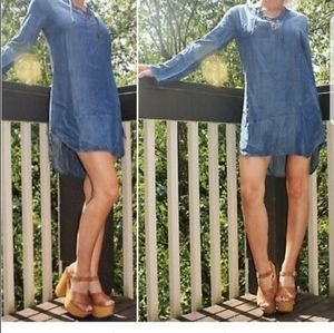 CLOTH & STONE XS Lace Up Chambray Tencel Tunic Dress XS ANTHROPOLOGIE